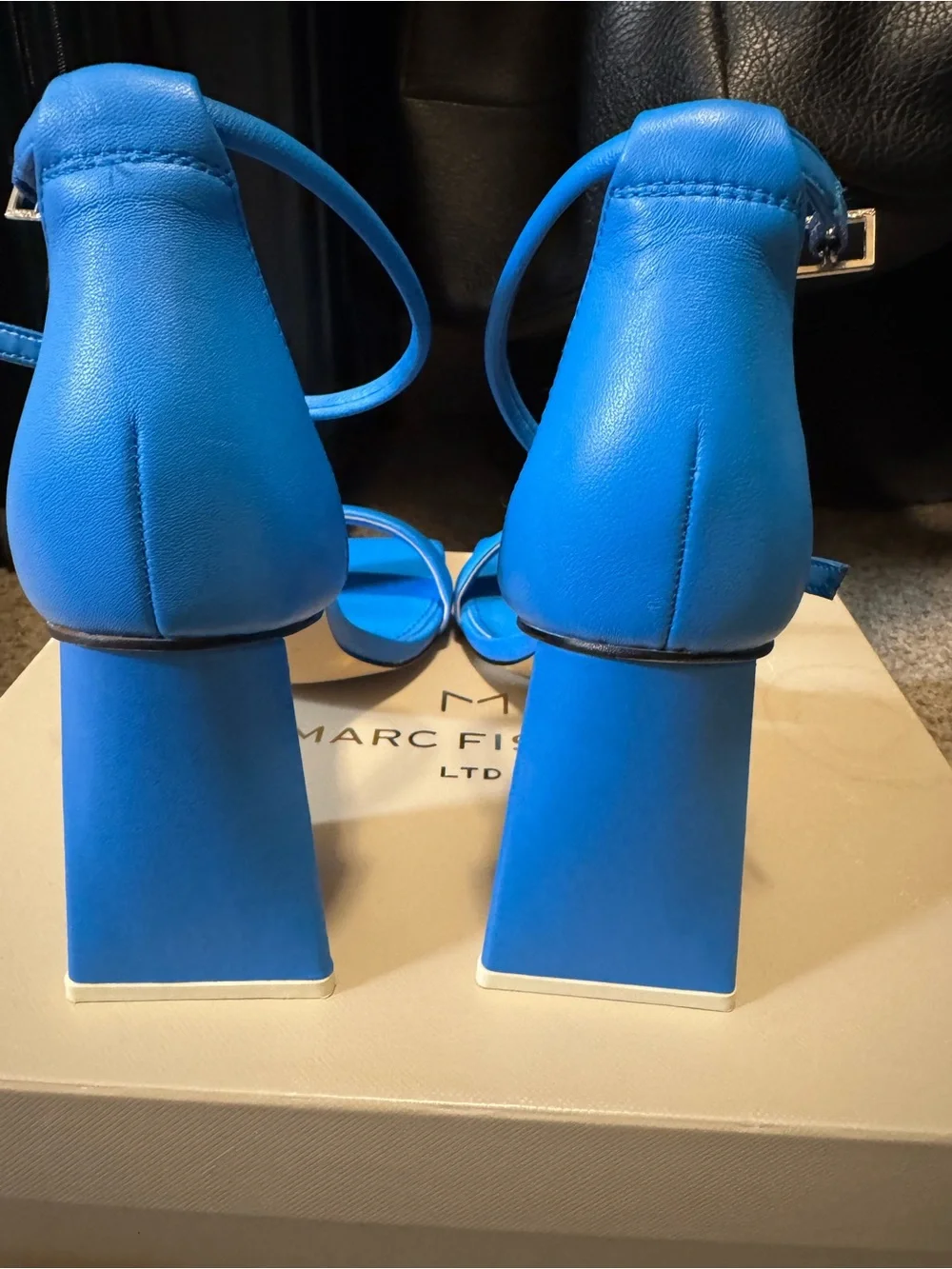 Marc Fisher Bright Blue Ankle-Strap Block Heel Sandals - Picture 6 of 7